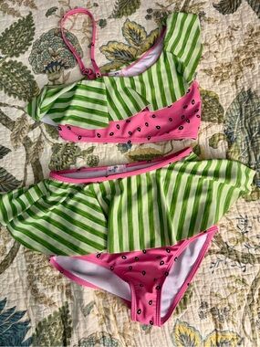 Adorable Green Stripe & Pink Watermelon Two-Piece Swimsuit